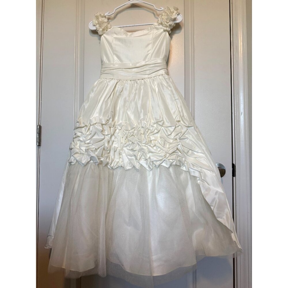 Joan Calabrese Mon Cheri Flower Girl Dress Size 10 Ivory Satin Tulle Straps Bow